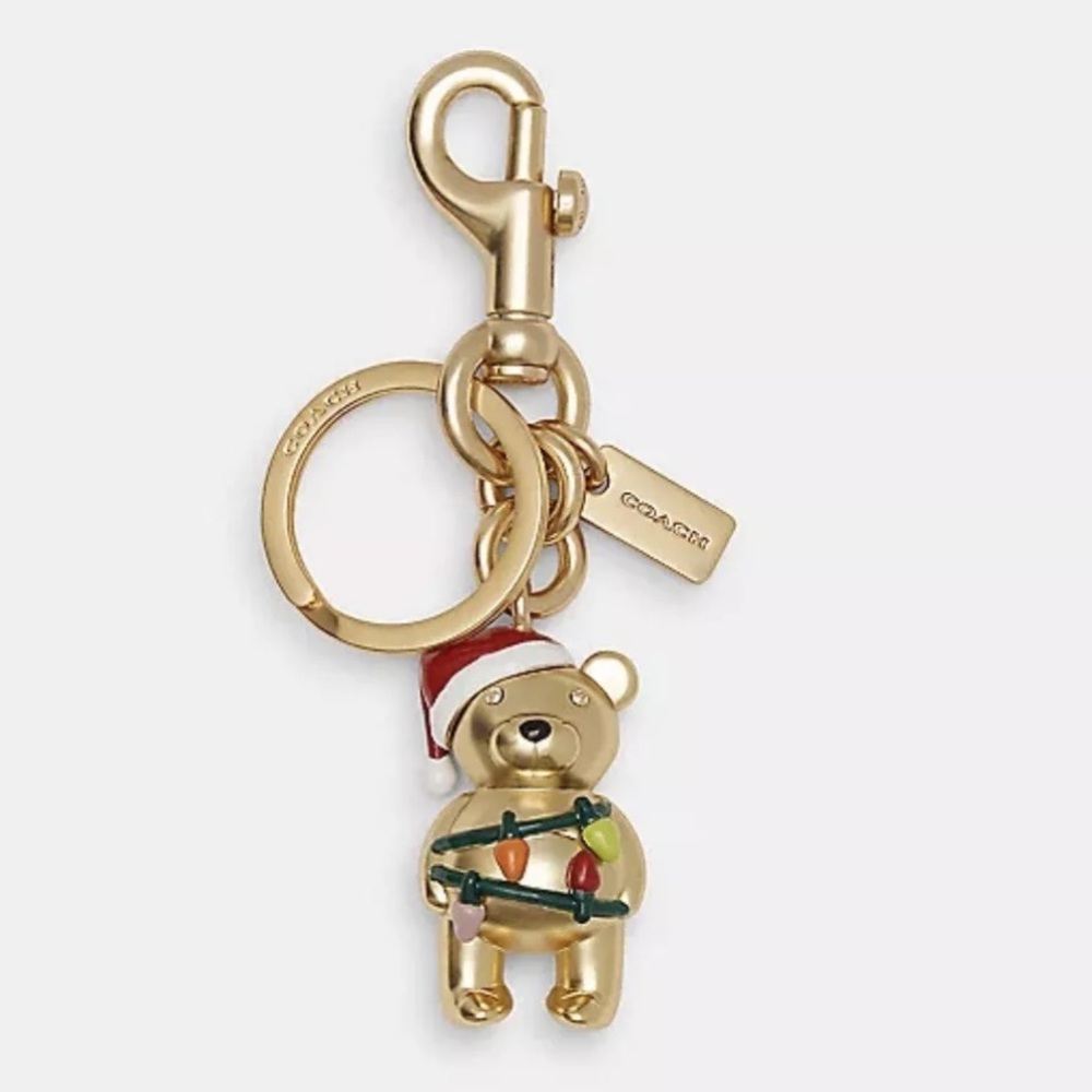 SOLD❤️ 🎄🧸NWT COACH 3D Christmas Santa Teddy Bear Bag Charm Key Chain Ring Gold - Picture 1 of 3